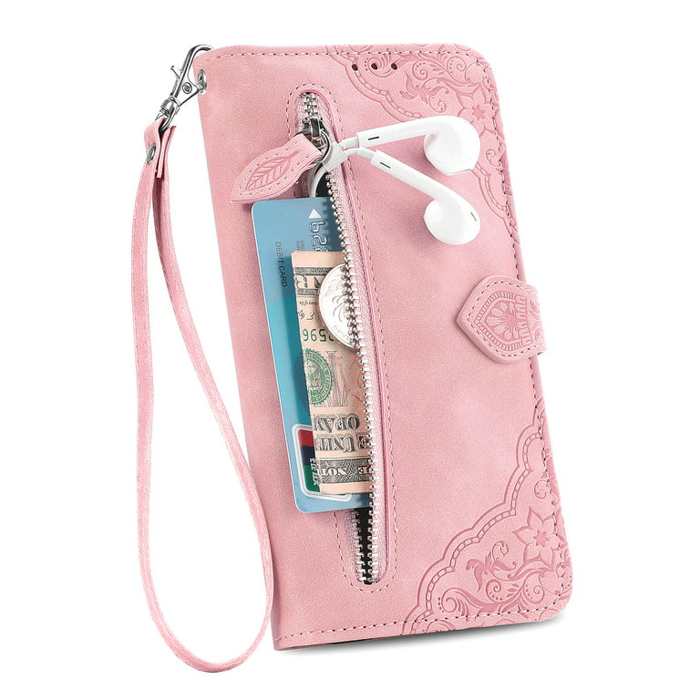 iPhone 14 Pro Max Luxury Leather Zipper Wallet Case with Wrist Strap and 7  Card Slots Pink