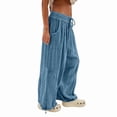 thumbnail image 2 of Womens Casual Loose Fit Wide Leg Cotton Pants Drawstring Stitching Baggy Pants Trousers with Pockets Blue XXL, 2 of 10