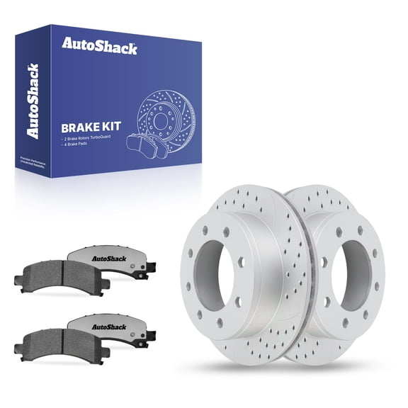 AutoShack Rear Vented Drilled & Slotted Coated Brake Rotors Silver Matte Finish   Ceramic Pads 6-PC Brake Kit Replacement for 2003-2005 Chevrolet Express 1500 TurboGuard 12.99" (330 mm)