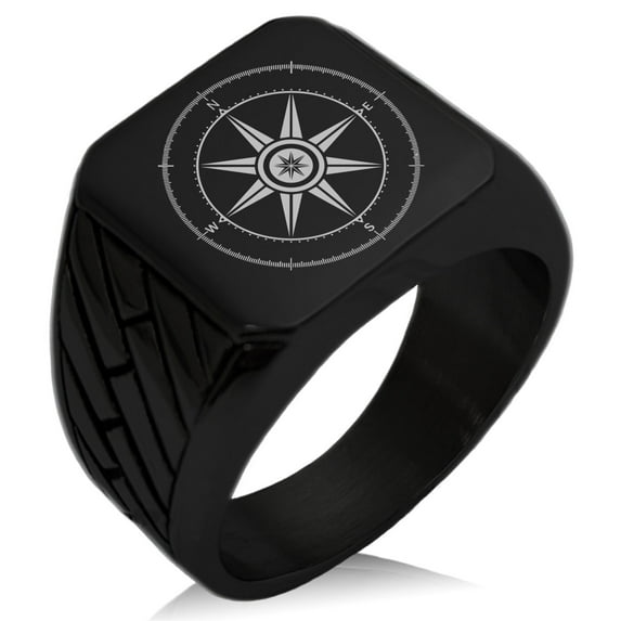 Stainless Steel Nautical Wind Compass Geometric Pattern Biker Style Polished Ring