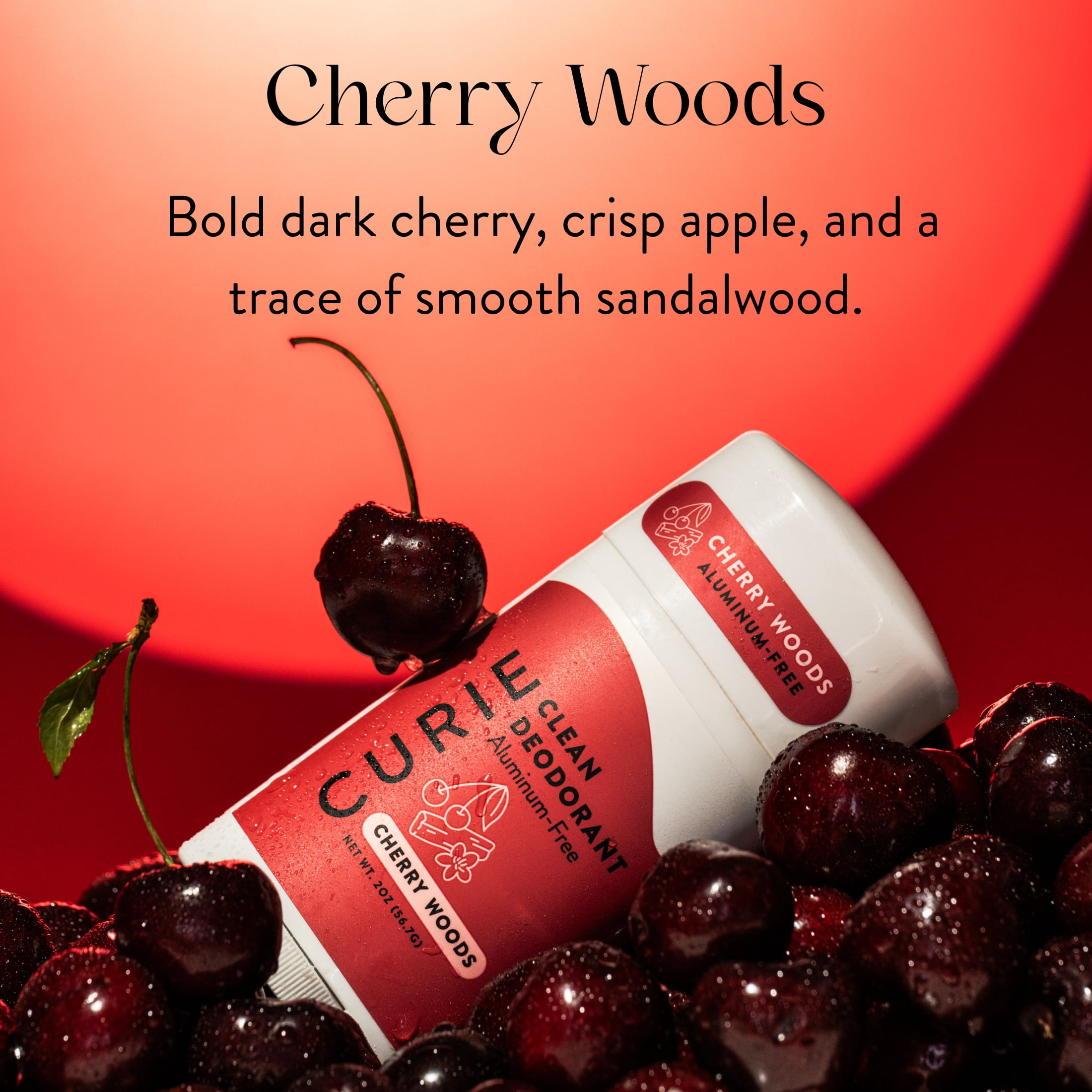 Curie Natural Deodorant Stick, Cherry Woods, Aluminum-Free, for Men and Women, 2 oz