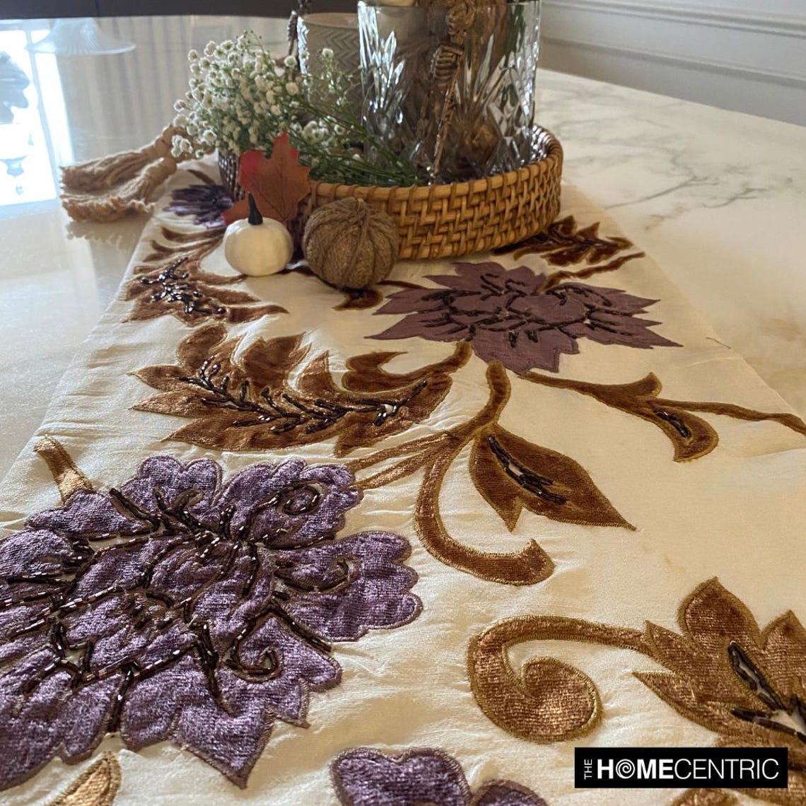 Decorative Table Runner Ivory, Gold, Purple, 14 inch wide x 90 inch long Silk Beaded Table Runner Ivory Blossoms Applique Velvet Embroidered Elegant Modern - Brown Floral