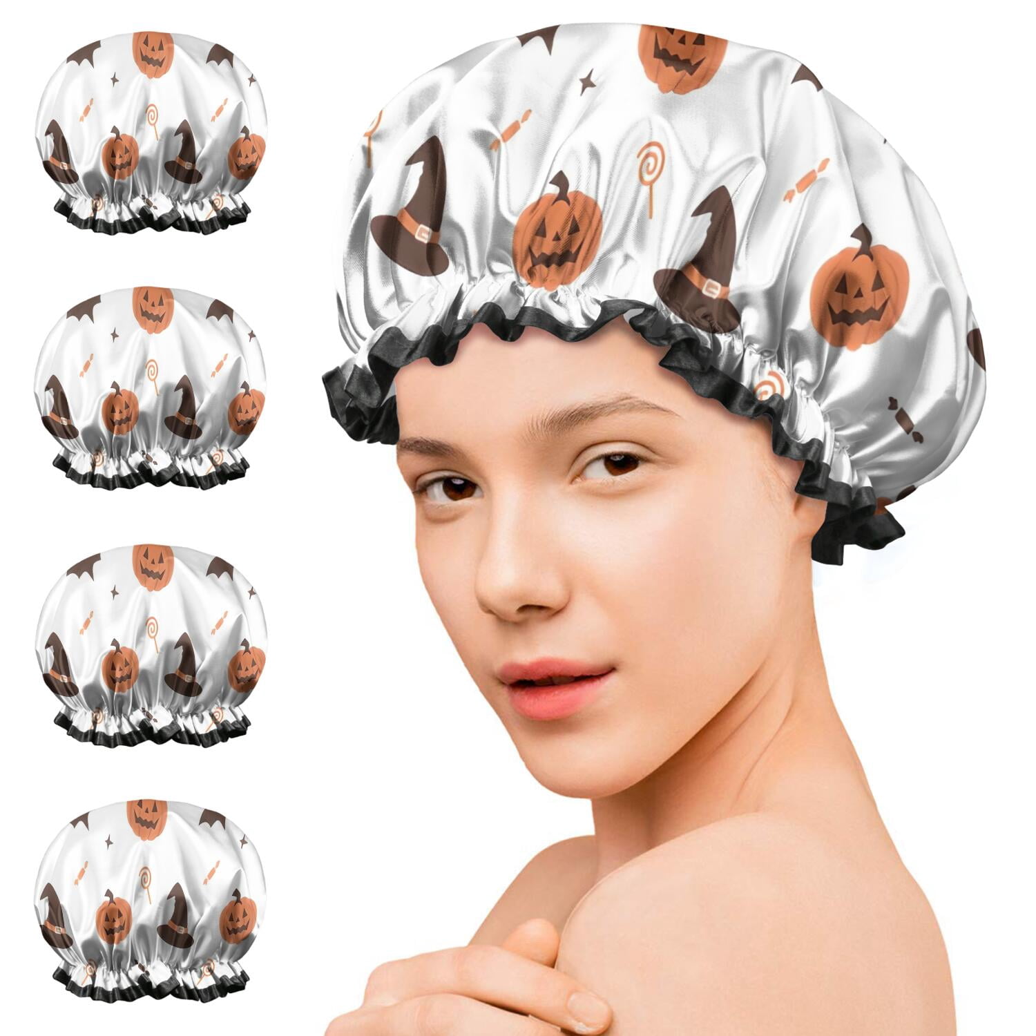 Shower Caps,Halloween Pumpkins Witch Hats and Bats Waterproof Shower Cap for Women 4 Pieces,Double Reusable Hair Cover for Shower PEVA Elastic Stretch Hem