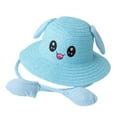 thumbnail image 2 of Sombrero de paja con orejas móviles para niños, sombrero de playa, regalo de vacaciones, ala ancha, transpirable, para el sol. Azul, 2 of 9