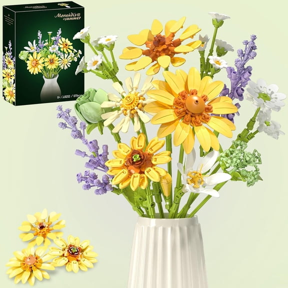 Mixed Flower Bouquet Building Blocks Set, 670 PCS Botanical Building Kit, Hyacinth Sunflower Daisy Building Blocks, Collectible Floral Decor, Gift for adults