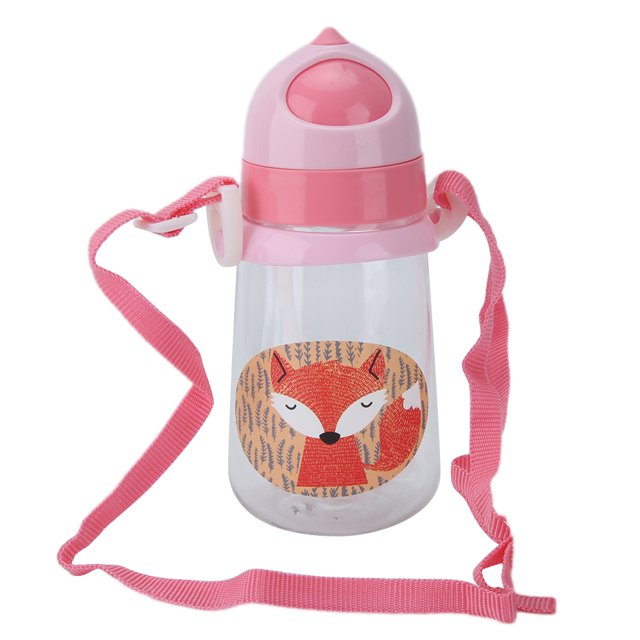 Taza portátil de dibujos animados para bebés y niños, taza para beber, botella con pajita para niños, hervidor con correa, color rojo rosa, 350ml