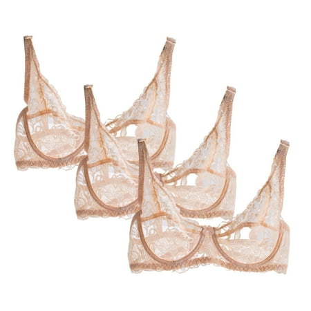 Huvoen Women s 3pc Lace Sheer Bra Unlined Minimizers Underwire Full Coverages Lingerie Bras Having Steel Rings Beige s