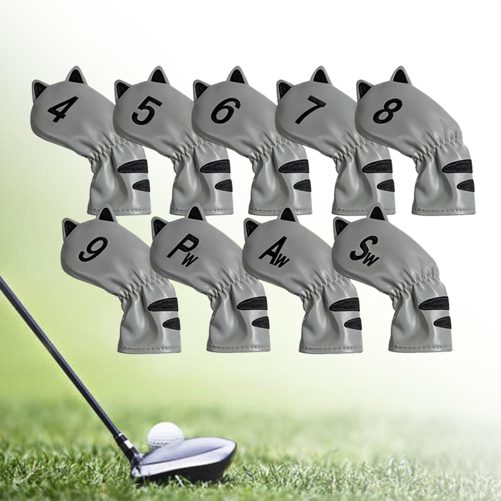 DimyFew Golf Club Head Covers Mallet Putter Cat Pattern Accessories Putter Cue Headcover 9pcs Iron Cue Grey