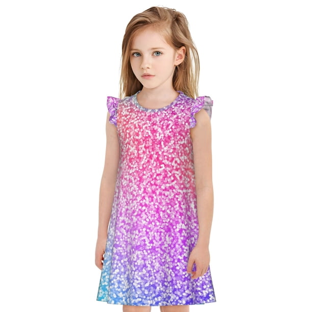 Fotbe Colorful Glitters Vestido de Dormir para Niñas de 3 a 10 Años, Mangas Cortas, Estilo Princesa, Pijama Camisón con Mangas Voladas-X-Large