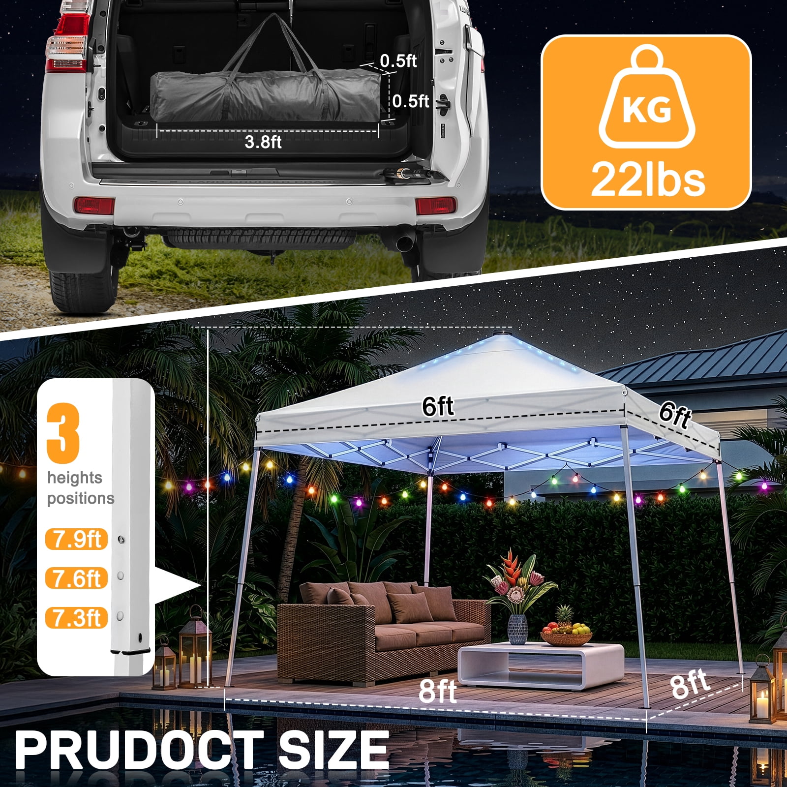 Ktaxon, 10x10 Ez Pop Up Canopy Tent, UPF50+, Built-in LED Lights