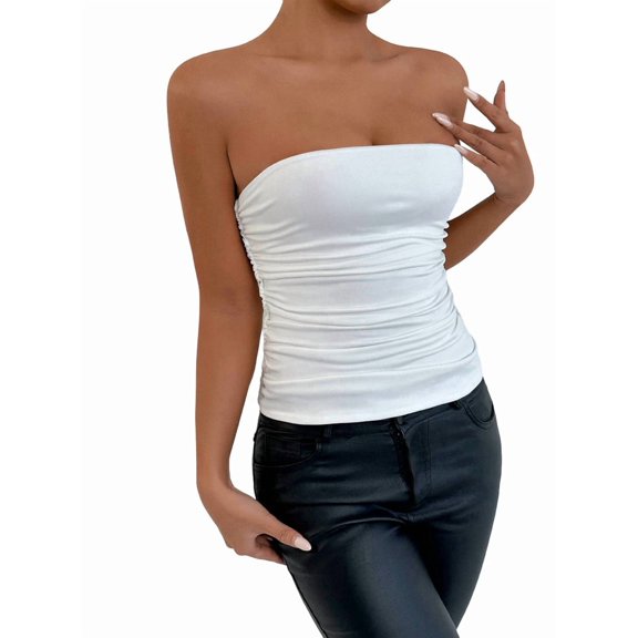 Women'S Tube Tops Strapless Going Out Crop Tank Top Ruched Bandeau Outfits Sleeveless Y2K Shirts White M