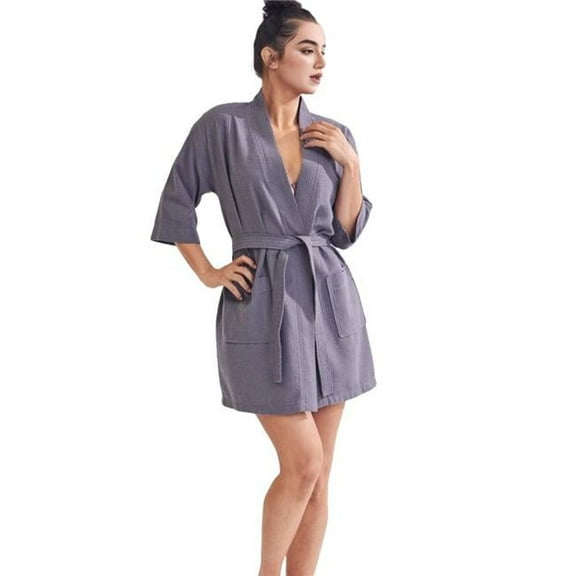 Towelsoft WM-Waffle-Shrt-GRY-SM Womens Short Cotton Blend Waffle Kimono Gray Bathrobe - Small & Medium