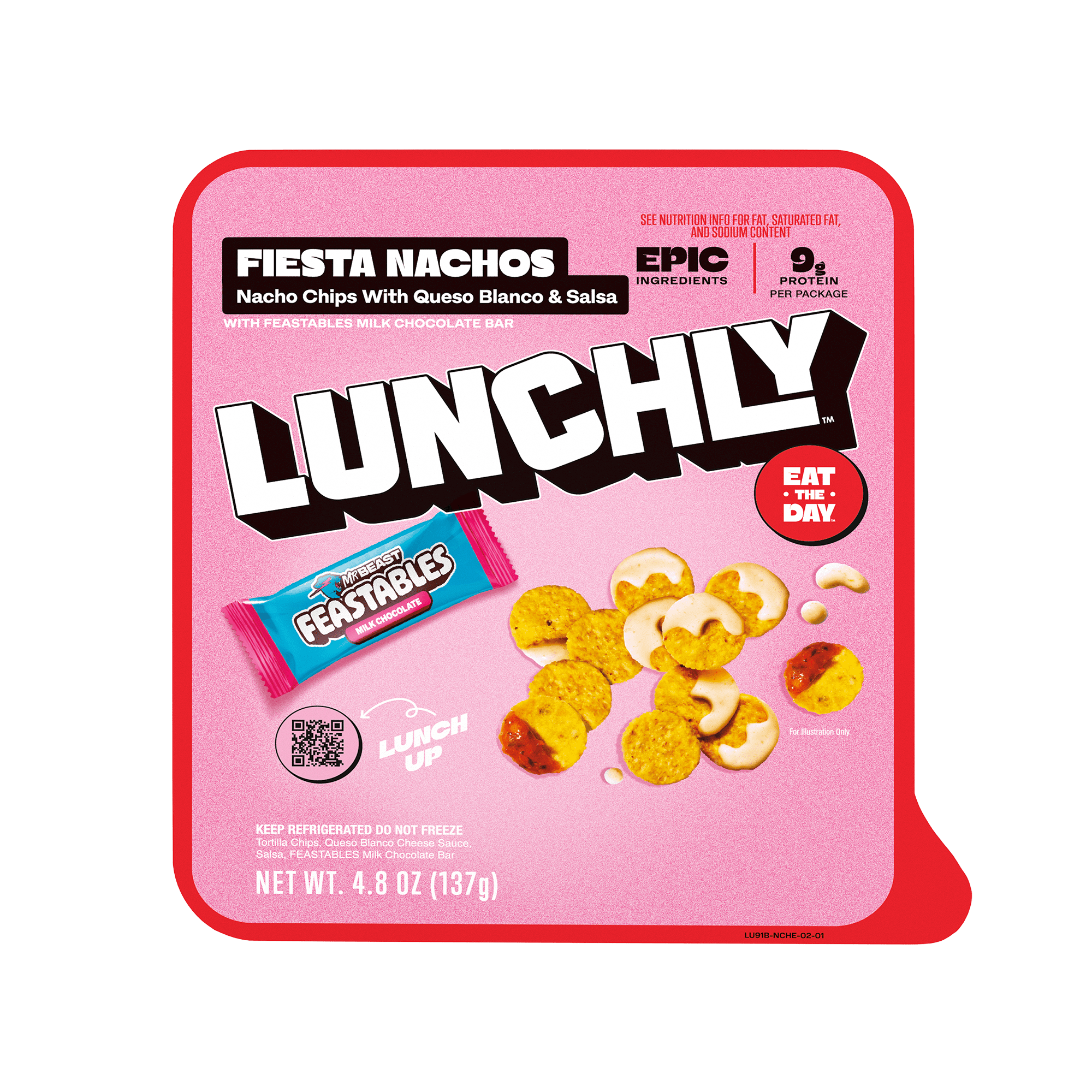 LUNCHLY Fiesta Nachos Snack Kit with Feastables Milk Chocolate Bar, 9g Protein, Refrigerated, 1 Snack Kit