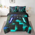 thumbnail image 2 of YST 7-Piece Video Game Gamepad Bedding Set, Abstract Neon Square, King Size, Black Blue Teal, Geometric Glowing Checkered, 2 of 4