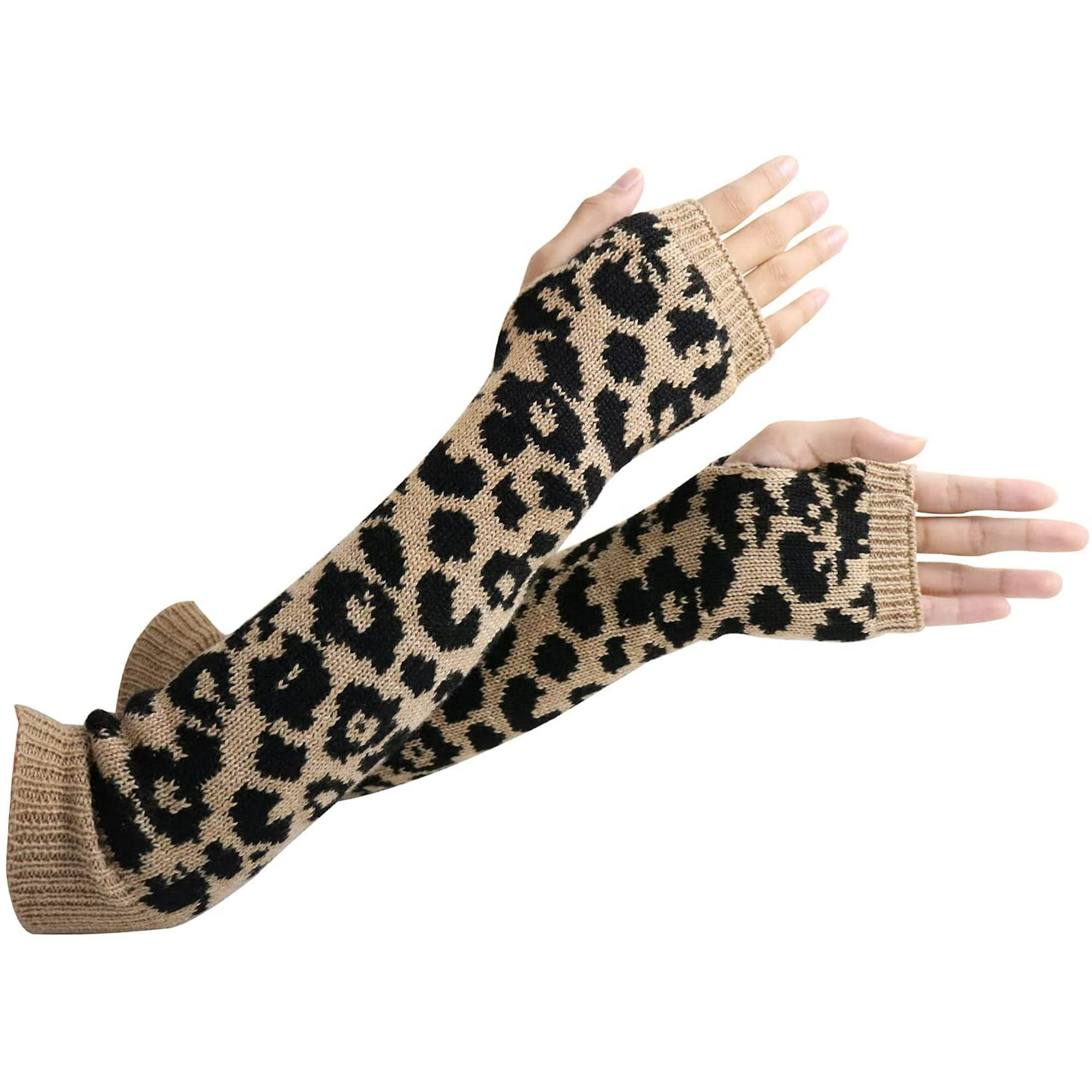 Arm Warmers Women, Knit Warm Cashmere Blend Long Fingerless Gloves for Women Cold Weather Mittens with Thumb Hole, Khaki Leopard, 16 Arm Warmers Women, Knit Warm Cashmere Blend Long Fingerless Gloves for Women Cold Weather Mittens with Thumb Hole, Khaki Leopard, 16