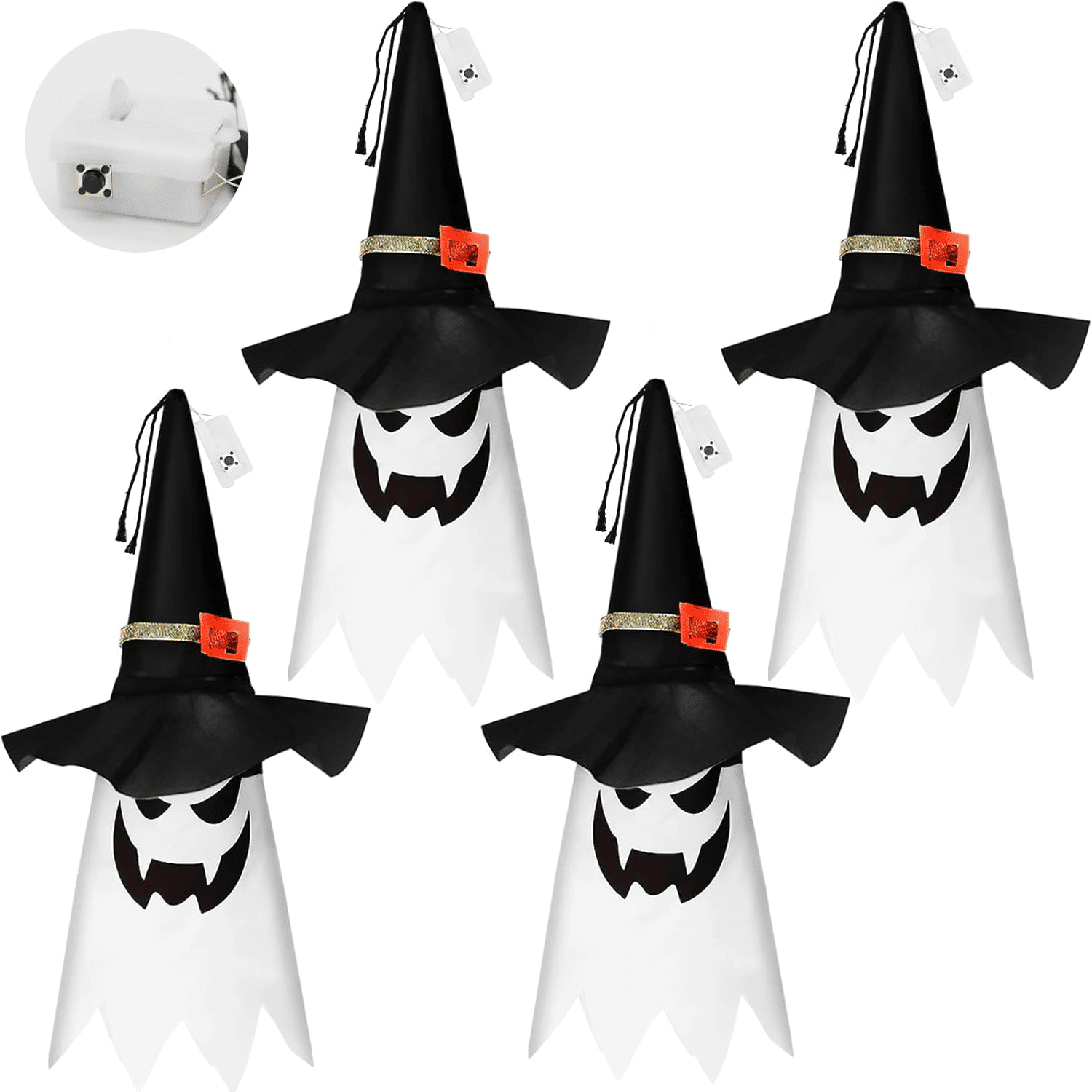 4 Pack Hanging Glowing Ghost Witch Hat String Lights with 3 Flash Modes