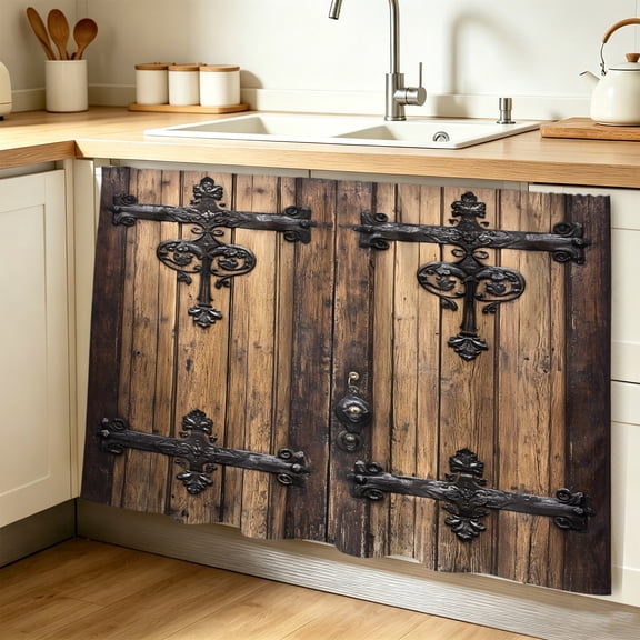 Wooden Door Cabinet Curtain, Barn Door Sink Skirt for Bathroom, Under Sink shelf Curtain Privacy Drape for Kitchen Laundry Room 32x55in