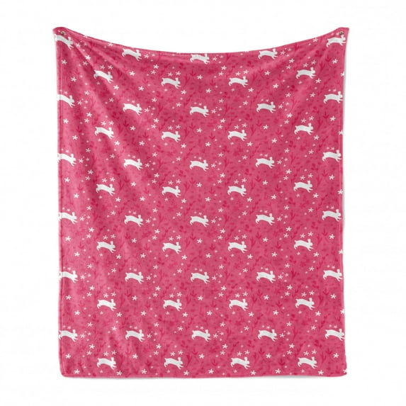 Childish Soft Flannel Fleece Blanket, Rabbits Jumping Around Flower Field Meadow Bunny Spring Animal Pastel Art, Cozy Plush for Indoor and Outdoor Use, 70" x 90", Hot Pink and White, by Ambesonne
