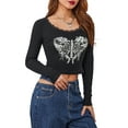 thumbnail image 2 of Musuos Women's Autumn Slim Gothic Crop Tops Black Long Sleeve Skeleton Print Lace Trim T-shirt, 2 of 10