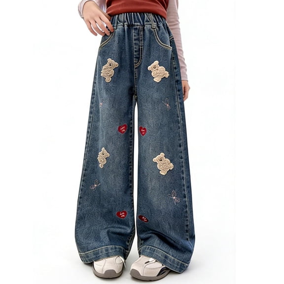 Auroural Toddler Girl Pants 4T Pants Toddler Girl Clothes 4T Pants Children's Print Knot Denim Straight Leg Pants For Girls Fashionable Wide Leg Jeans For Kids Spring Kids' Pants Dark Blue 4-5Years