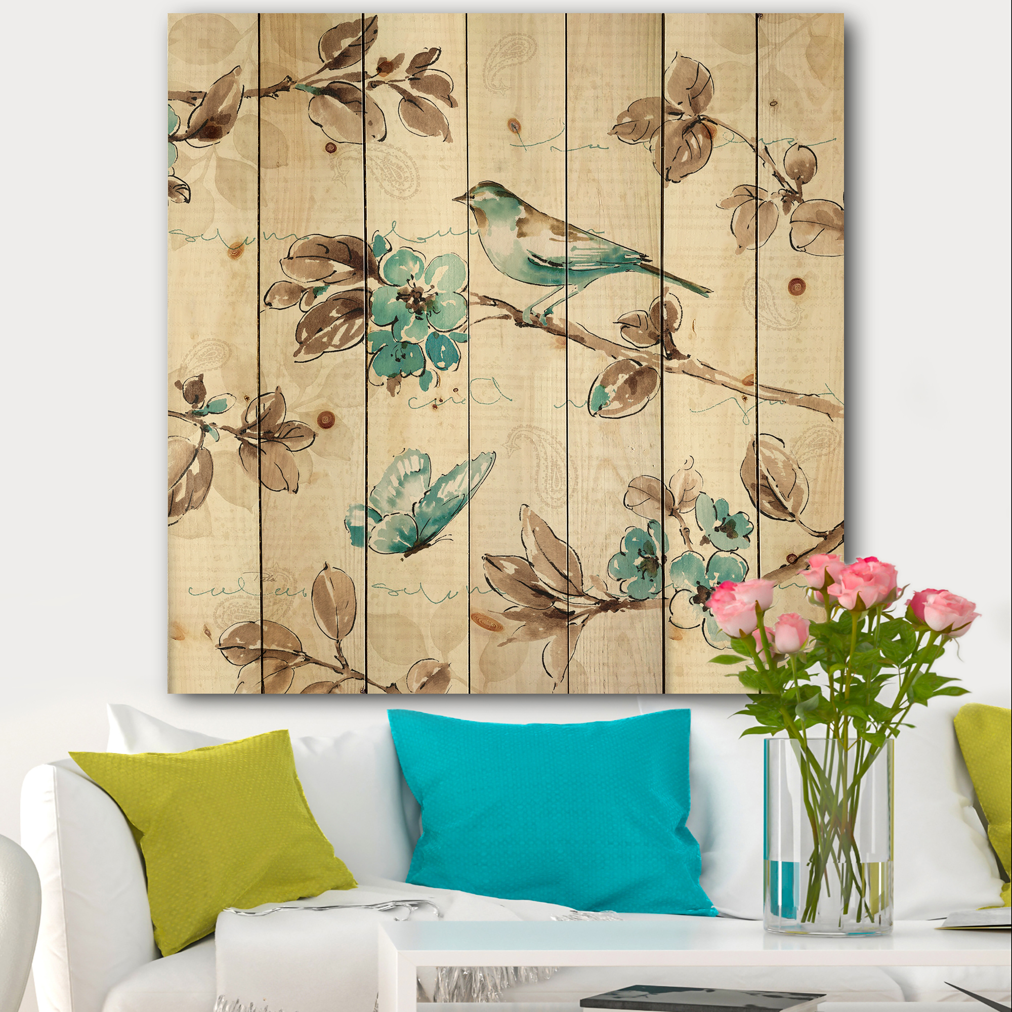 Designart 'Beige Bird Wings on Floral Branch' Cottage Print on Natural Pine Wood