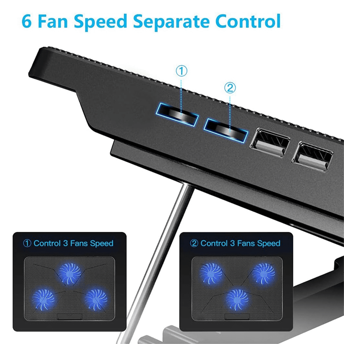 Laptop Cooling Pad Laptop Cooler with 6 Quiet Fans 7 Height & Wind Speed Adjustable 2 USB Port & Phone Holder