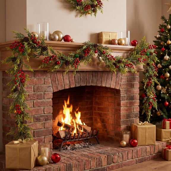 Bcylexb Artificial Pine Garland, 5.6 Ft Christmas Greenery Garland Realistic Berries Pine Vines for Table Mantel Wall Indoor Outdoor Winter Christmas Decorations