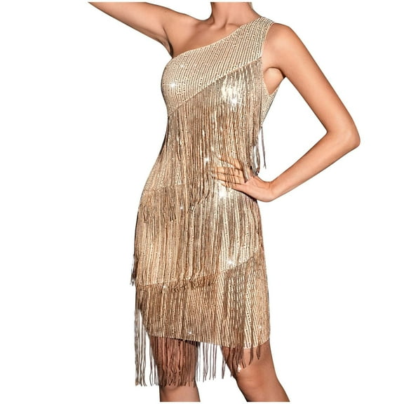 LYEAA Formal Dresses for Women 2024 Sleeveless Sparkly Tassel Midi Dress One Shoulder Elegant Dress Bodycon Plain Gown Cocktail Dress Zipper Dress Holiday Party Club Dress Stretchy Dress Gold S