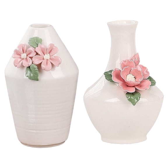 Ceramic Bud Vase Set of 2, Handmade 3D Pink Floral Green Leaf Design Vases