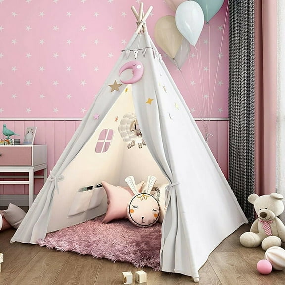 BSHAPPLUS Teepee Tent for Kids, Natural Cotton Canvas Teepee Play Tent Beige White, Toys for Girls/Boys Indoor & Outdoor Playing