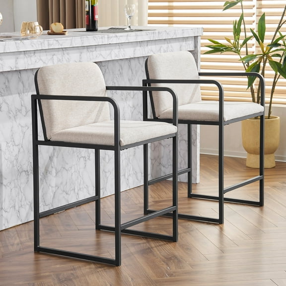 Xukmct Pack of 2 Upholstered Counter Height Bar Stool with Armrests and Padded Seat, Metal Frame Bar Chair for Kitchen Island, Bar, Restaurant, Beige