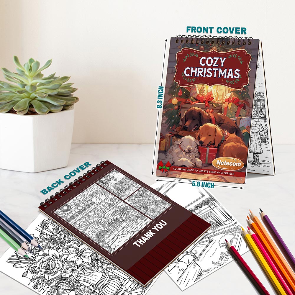 Netecom Cozy Christmas Coloring Book Spiral Bound for Adults, A5 Wooden Cover, 30 Charming Coloring Pages of Xmas Holiday Day for Stress Relief and Relaxation
