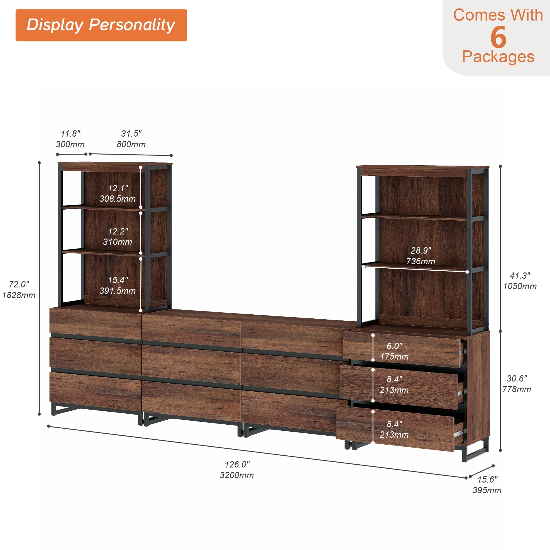 WAMPAT Modern TV Stand with 3 Tiers Bookshelf, Farmhouse Entertainment Center with 12 Drawers and Adjustable Shelf, Wooden Media TV Console with Black Metal Leg for Living Room, Brown