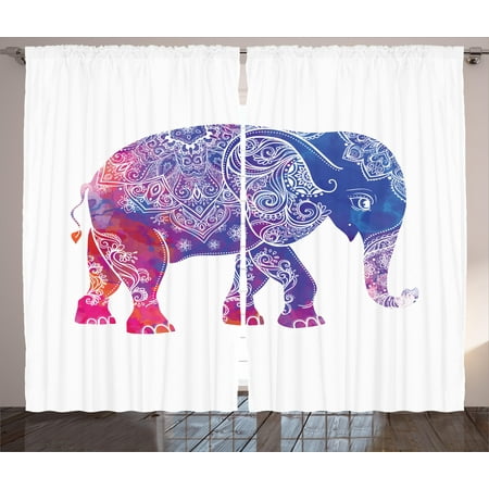 Indian Decor Curtains 2 Panels Set Ethnic Elephant Figure With