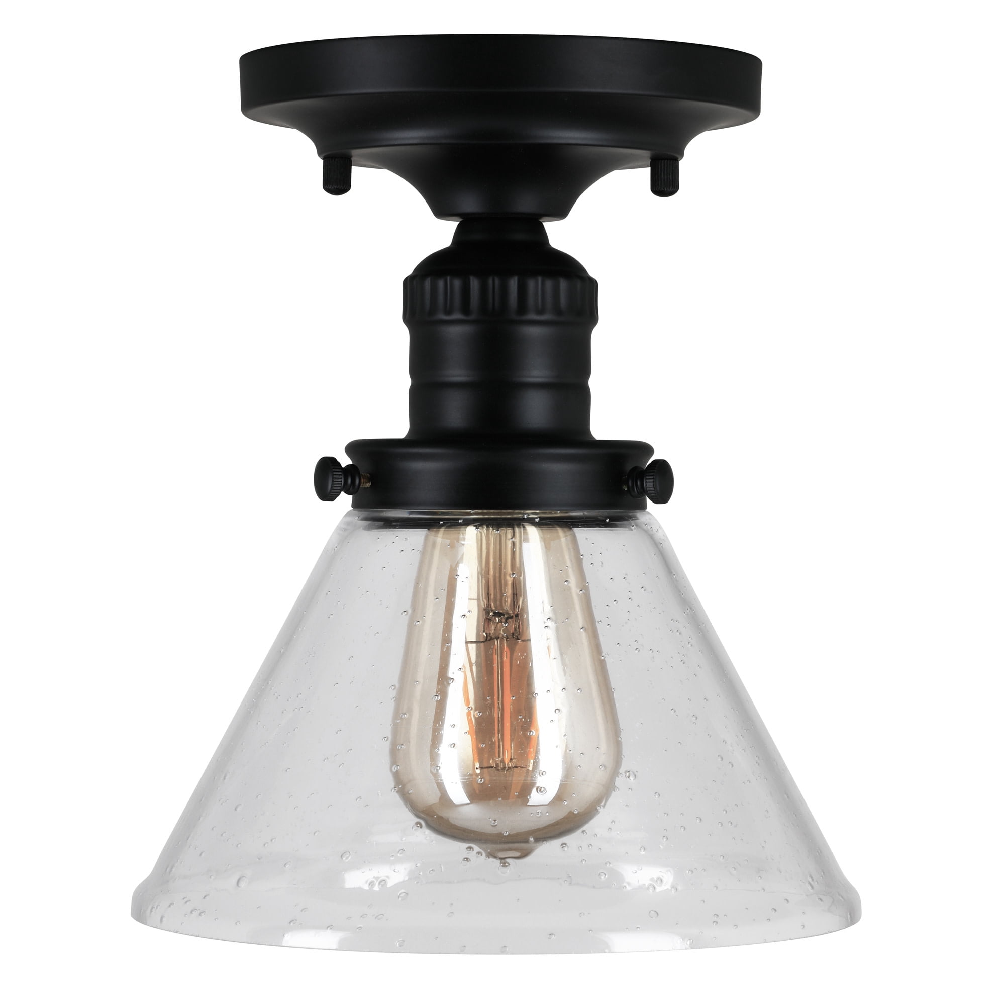 Corwin Ceiling Light, 1-Light Black Semi-Flush Fixture with Seeded Glass, Dimmable, 7.9 in L x 7.9 in W x 9.1 in H