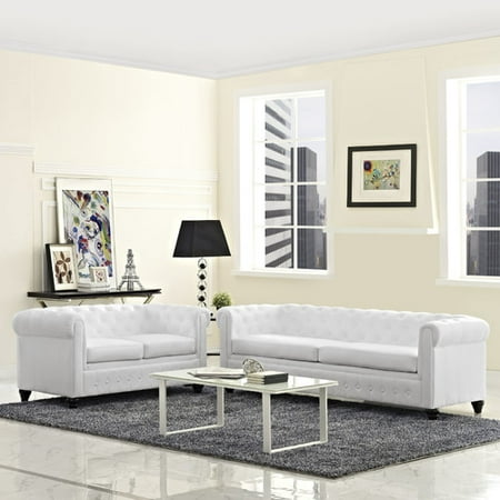 Modway Earl 2 Piece Faux Leather Tufted Sofa Set in White
