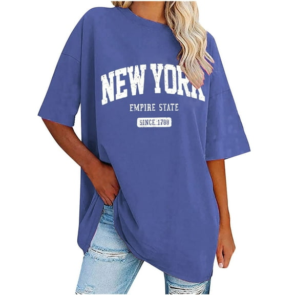 Womens Clothing Homenesgenics Woman Clothes under $5 Women's Casual Letter Printed T-Shirt with Round Neck and Shoulder Drop Short Sleeved Tops Blue S