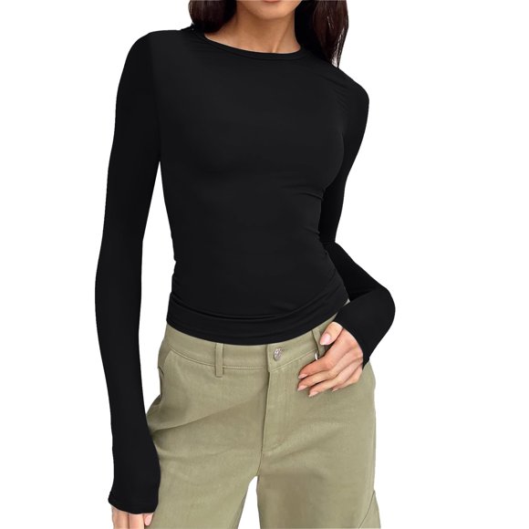 2025 Thermal Underwear Top Women’S Long Sleeve Round Womens Thermal Tops Long Sleeve with Buttons Neck Crop Top Tee Women's Thermal Tops Pack Shirt Basic Solid Tight Slim Fit