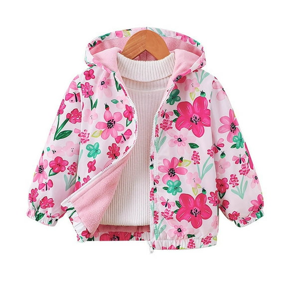 Ugoldhm Little Girls Hooded Jacket Fleece Lined Floral Printed Coat Zip Up Fall Fashion Outerwear