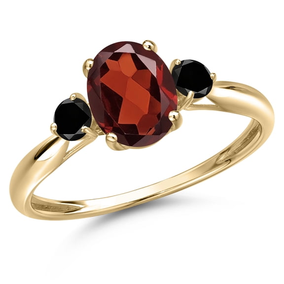 Gem Stone King 10K Yellow Gold Red Garnet and Black Diamond 3-Stone Ring for Women | 1.70 Cttw | Oval 8X6MM | Gemstone January Birthstone | Size 9