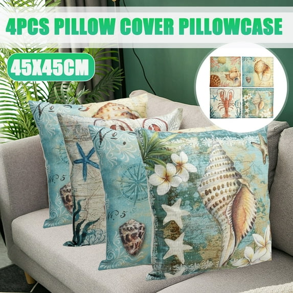 Pillow Case Ocean Style Throw Pillow Covers,Cotton Linen Cusion Cover for Couch Sofa or Bed Tatami Decor ,Set of 4,18 x 18 inch
