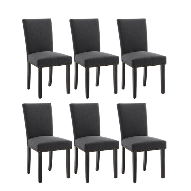 Sillas de Comedor Tapizadas Juego de 2 - Diseño Parsons en Tela Tipo Arpillera Gris Oscuro con Ribete de Tachuelas y Base de Madera - Asientos Acolchados para Cocina o Comedor