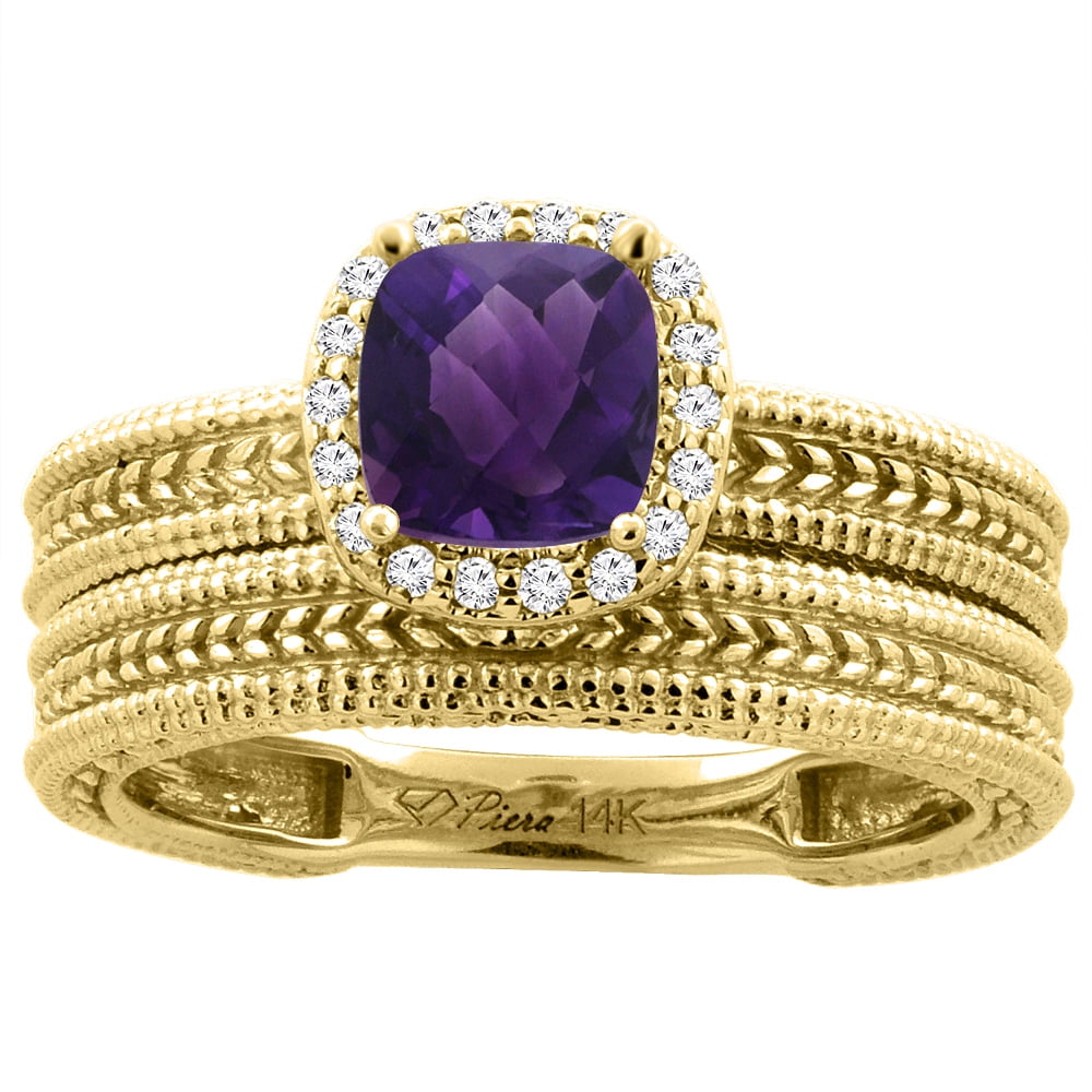 14K Yellow Gold Diamond Natural Amethyst 2-pc Engagement Ring Set Cushion 7x7 mm, size 6 by Gabriella Gold
