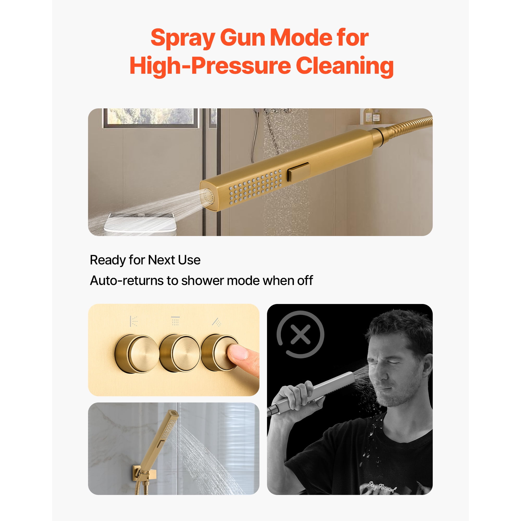 KFFKFF 12-Inch Thermostatic Ceiling Rain Shower System with Wall-Mounted Head and Handheld Spray, 3-Function Dual Rain Head with Brass Valve Trim Kit, Brushed Gold