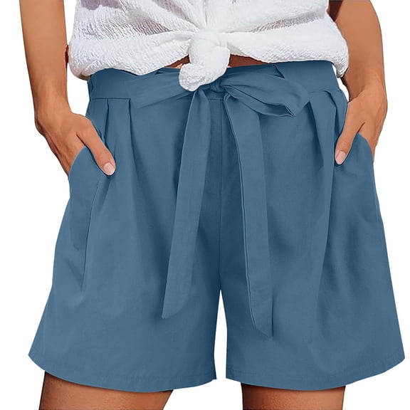 Htigea Casual Shorts for Women Tie Elastic Waist Summer Bottoms Solid Color Daily Short Pants with Pockets Dark Blue S