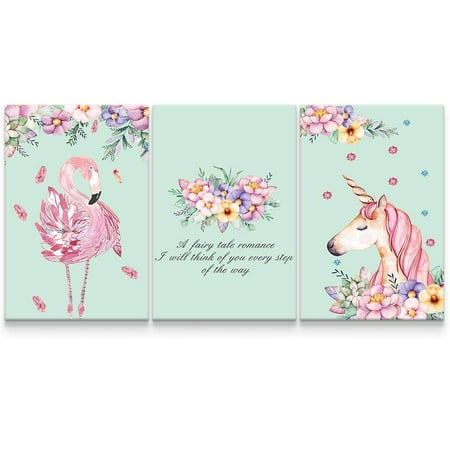 - wall26 - 3 Panel Canvas Wall Art - Pastel Floral Flamingo and Unicorn Triptych Canvas Art - Giclee Print Gallery Wrap Modern Home Decor Ready to Hang - 24