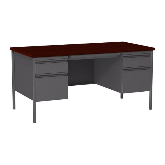 Hirsh Double Pedestal Office Desk with Center Drawer for Home, Office, or School, 30" D x 60" W, Charcoal/Mahogany