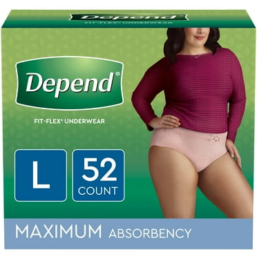 Depend Fit-Flex Adult Incontinence Underwear for Women, Maximum Absorbency, Large, Light Pink, 52 Count (2 Packs of 26)