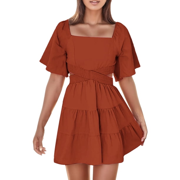 Gibobby Vestido casual de punto para mujer Vestido de temperamento con espalda hueca y cuello cuadrado de color sólido nuevo de verano para mujer(Naranja,G)