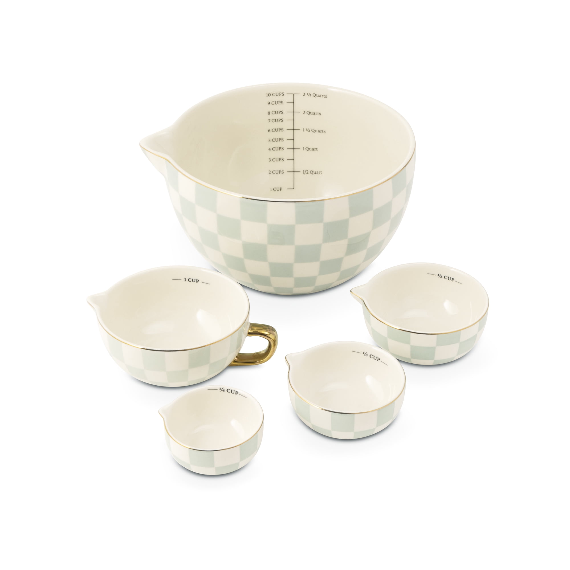 Thyme & Table 5-Piece Ceramic Mixing Bowl and Measuring Set - Mint Checkered